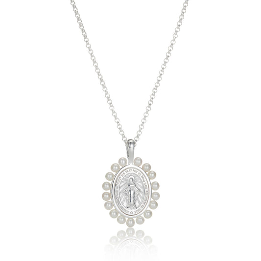 Miraculous Medal Freshwater Pearl Necklace — Sterling Silver