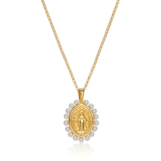 Miraculous Medal Freshwater Pearl Necklace - Gold-Plated