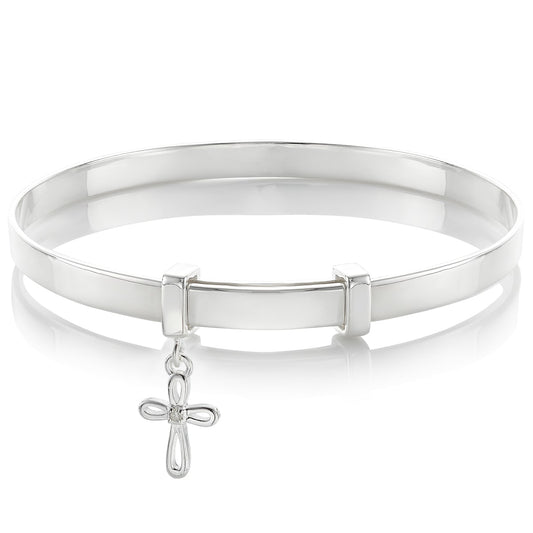 Cherish Cross Diamond Baptism Bangle - Sterling Silver