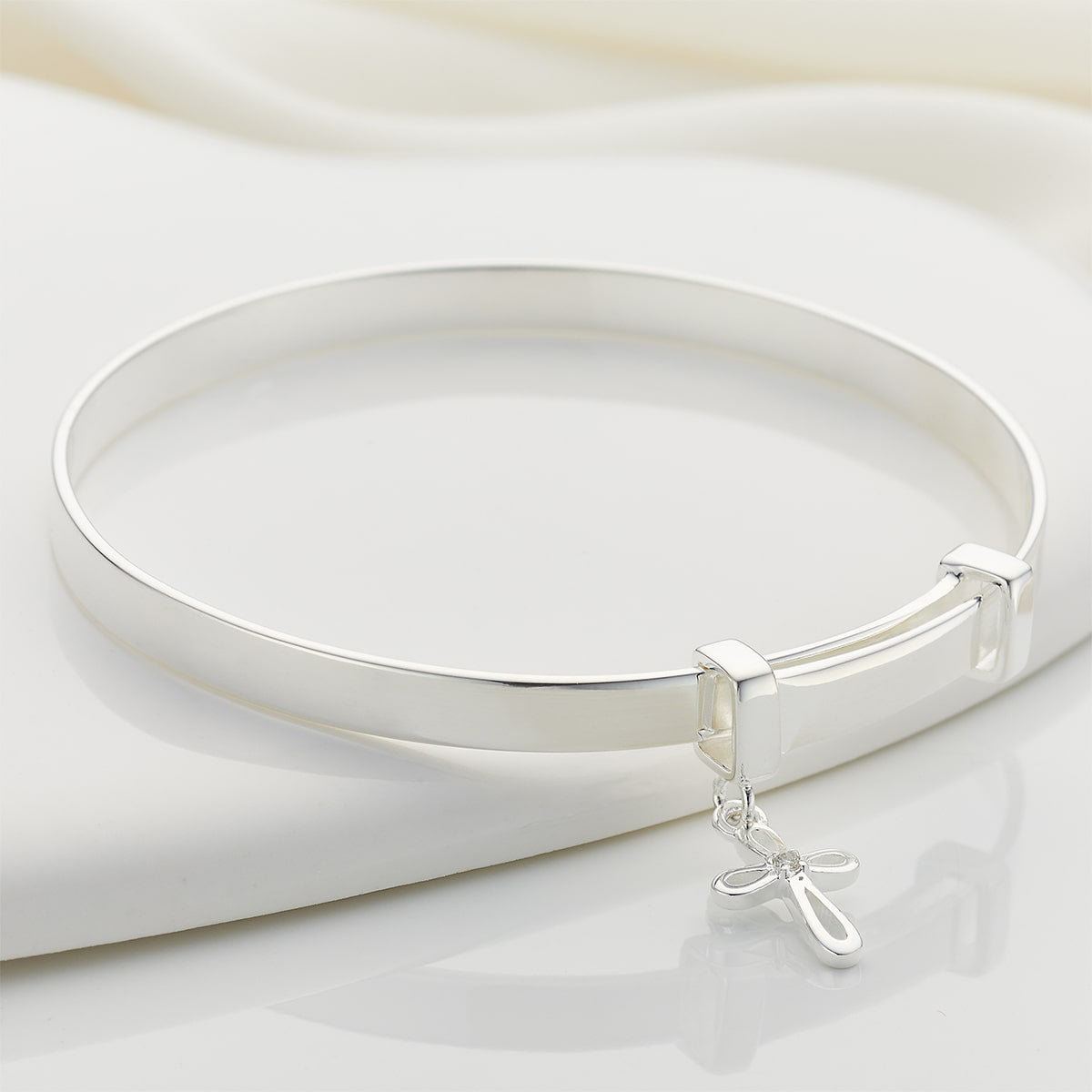 Cherish Cross Diamond Baptism Bangle - Sterling Silver