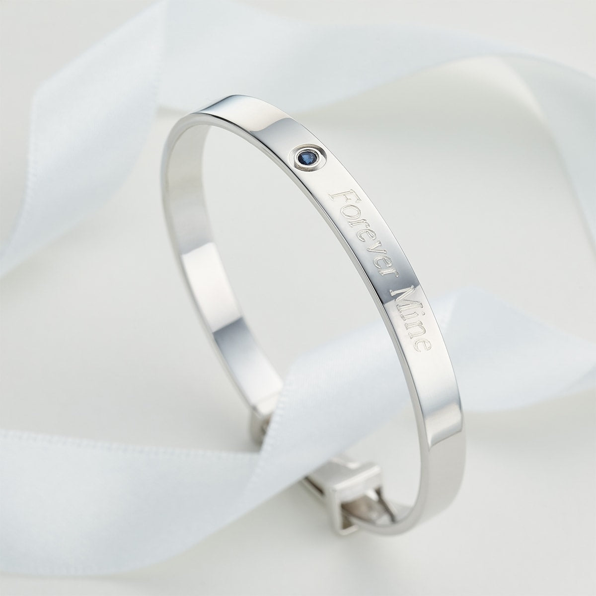 September Birthstone Sapphire Baptism Baby Bangle - Sterling Silver