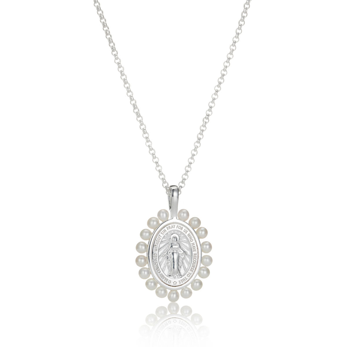 Miraculous Medal Freshwater Pearl Necklace — Sterling Silver