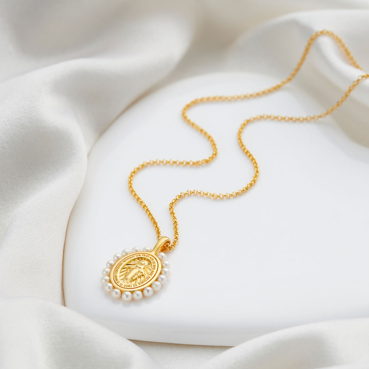 Miraculous Medal Freshwater Pearl Necklace - Gold-Plated