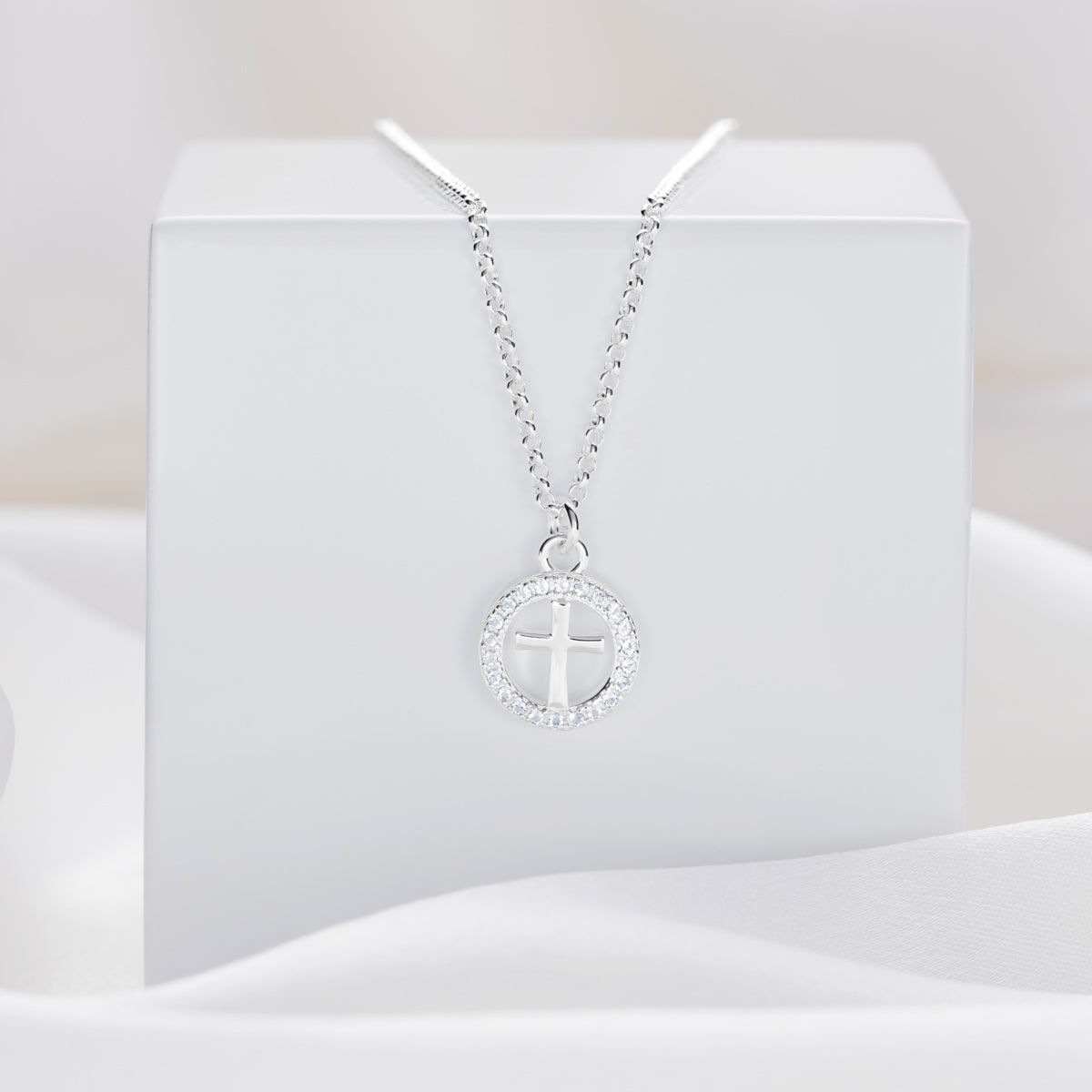 Halo Cross White Topaz Necklace - Sterling Silver