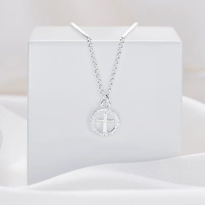 Halo Cross White Topaz Necklace - Sterling Silver