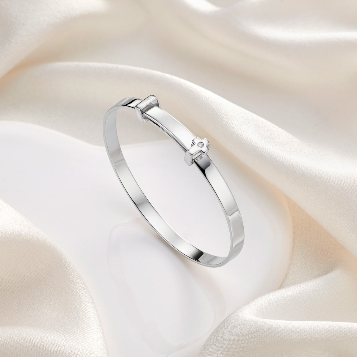 Personalized My First Diamond Cross Baptism Baby Bangle - Sterling Silver