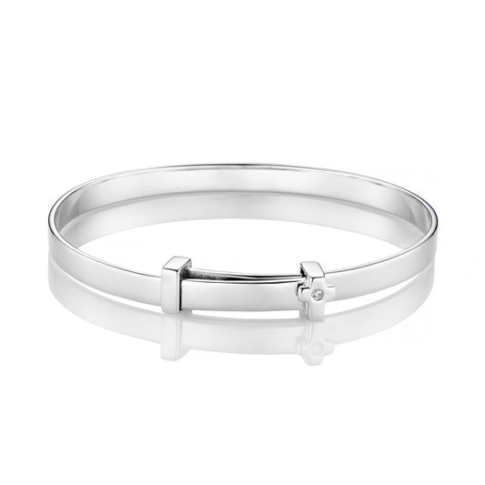 Personalized My First Diamond Cross Baptism Baby Bangle - Sterling Silver