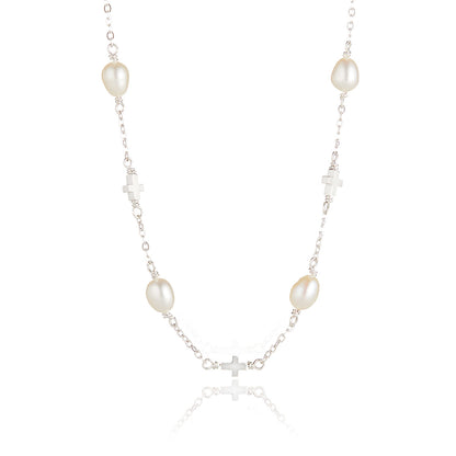 Cross Pearl Station Necklace