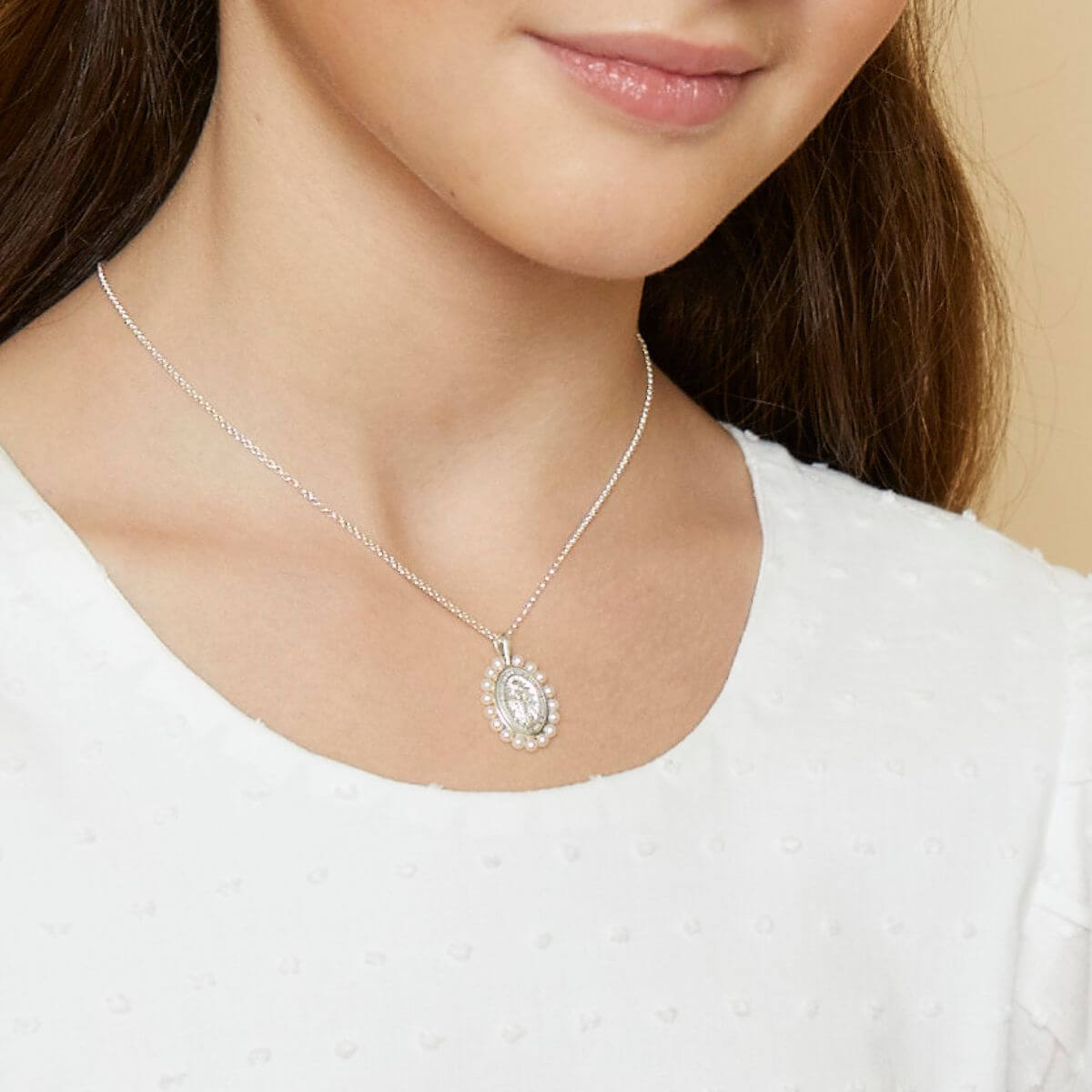 Miraculous Medal Freshwater Pearl Necklace — Sterling Silver