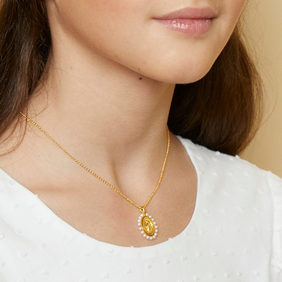 Miraculous Medal Freshwater Pearl Necklace - Gold-Plated